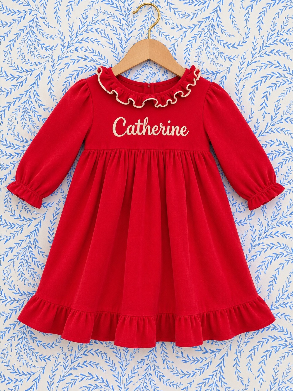 Red Ruffle-Trim Girls' Formal Dress with Name Script - Picture 2 of 2